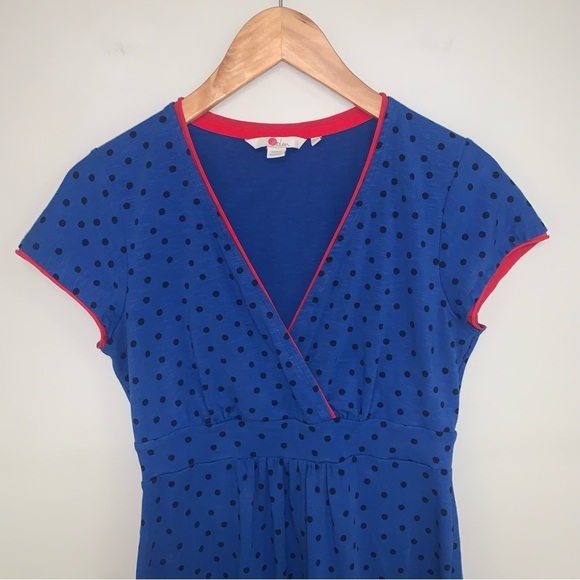 Boden Dress Women's Size 6 US Blue Polka Dot Red Trim Cotton "Aline" Faux Wrap - Picture 3 of 7